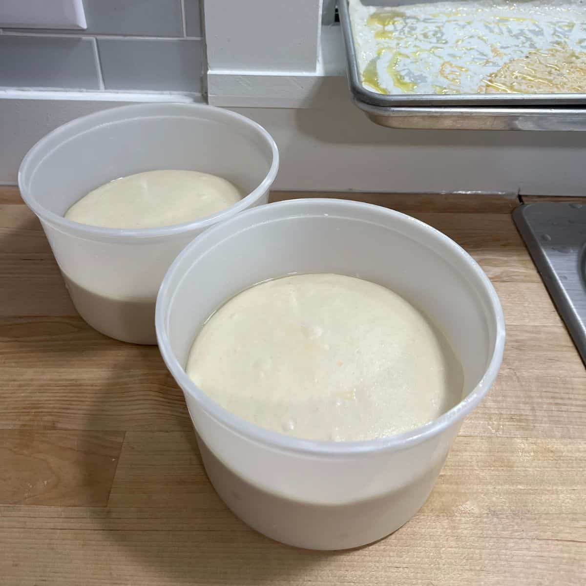 Two focaccia doughs in containers, risen, after being in the fridge.