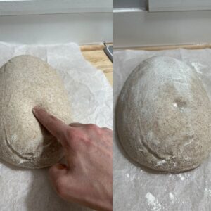 First photo shows pressing on dough with index finger.  Second photo shows finger indentation.