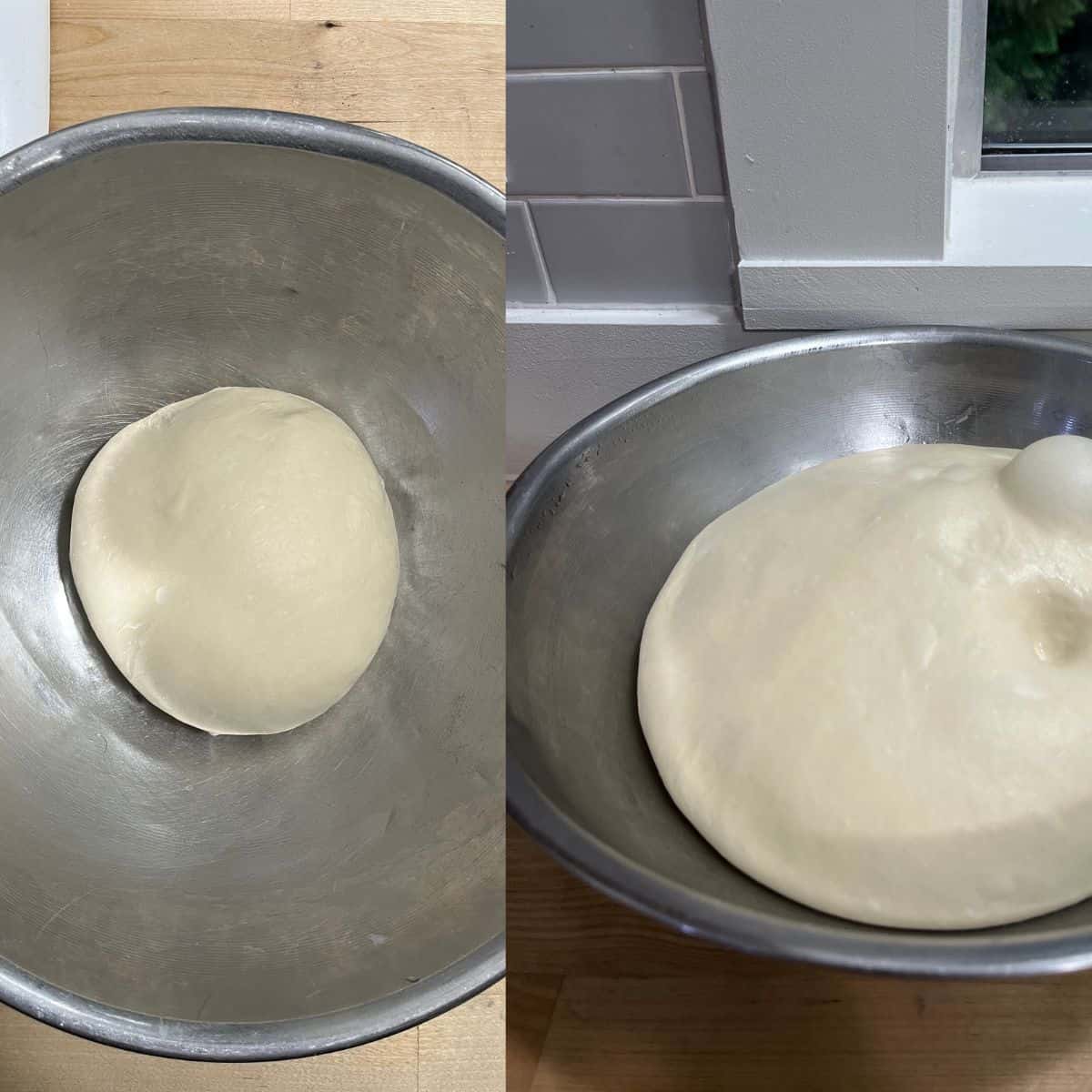 side-by-side comparison of dough at the beginning and end of bulk fermentation.  End result is tripled in size.