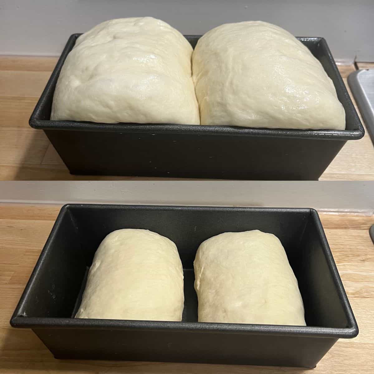 side-by-side comparison of dough at the beginning and end of bulk fermentation.  End result is doubled in size.