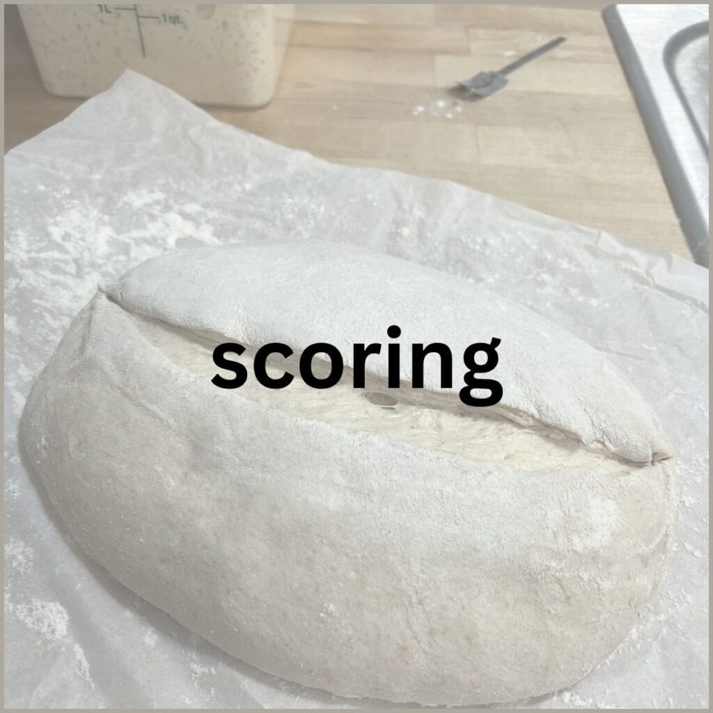 A loaf of scored dough with a lame in the background.