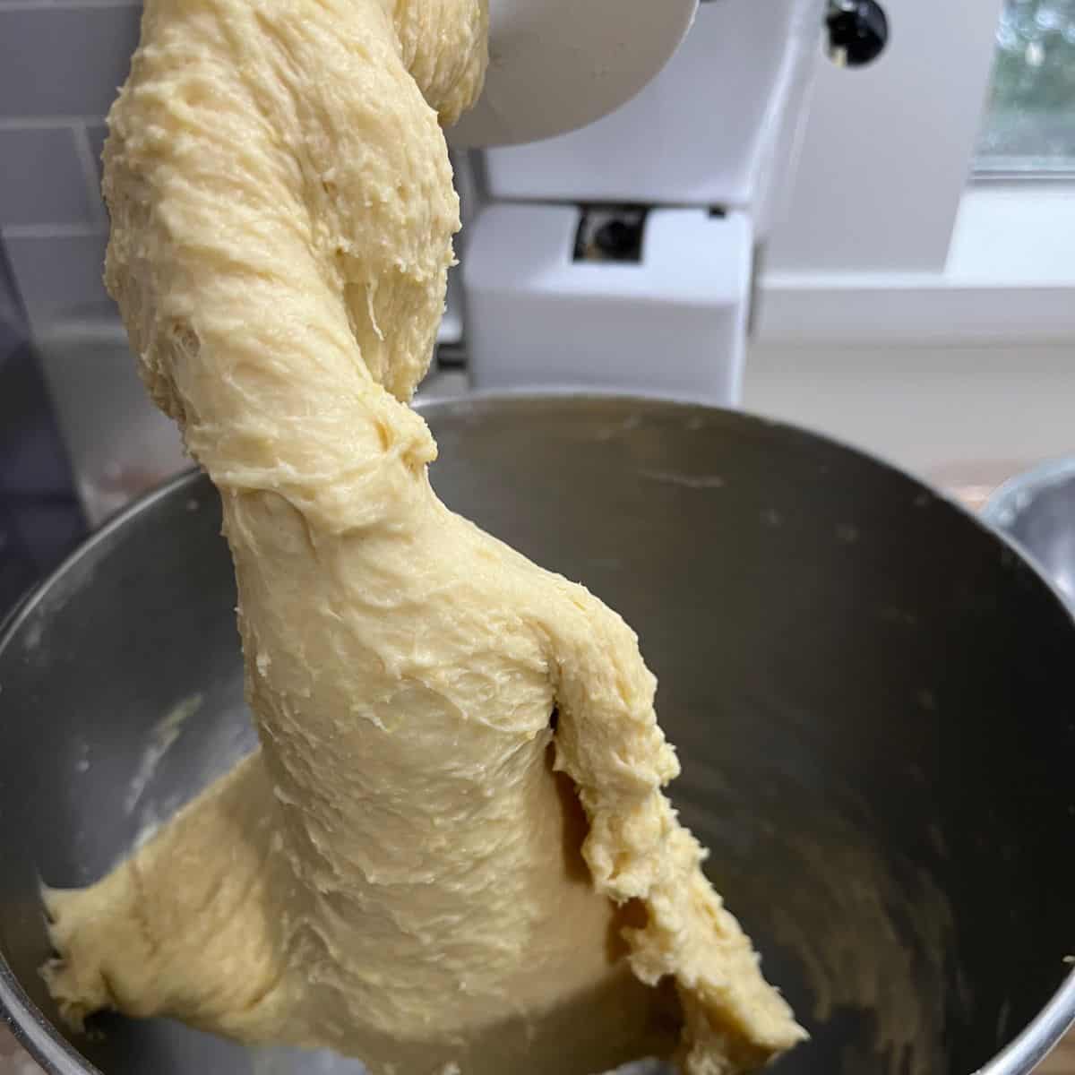 shaggy, rough, sticky dough on a dough hook