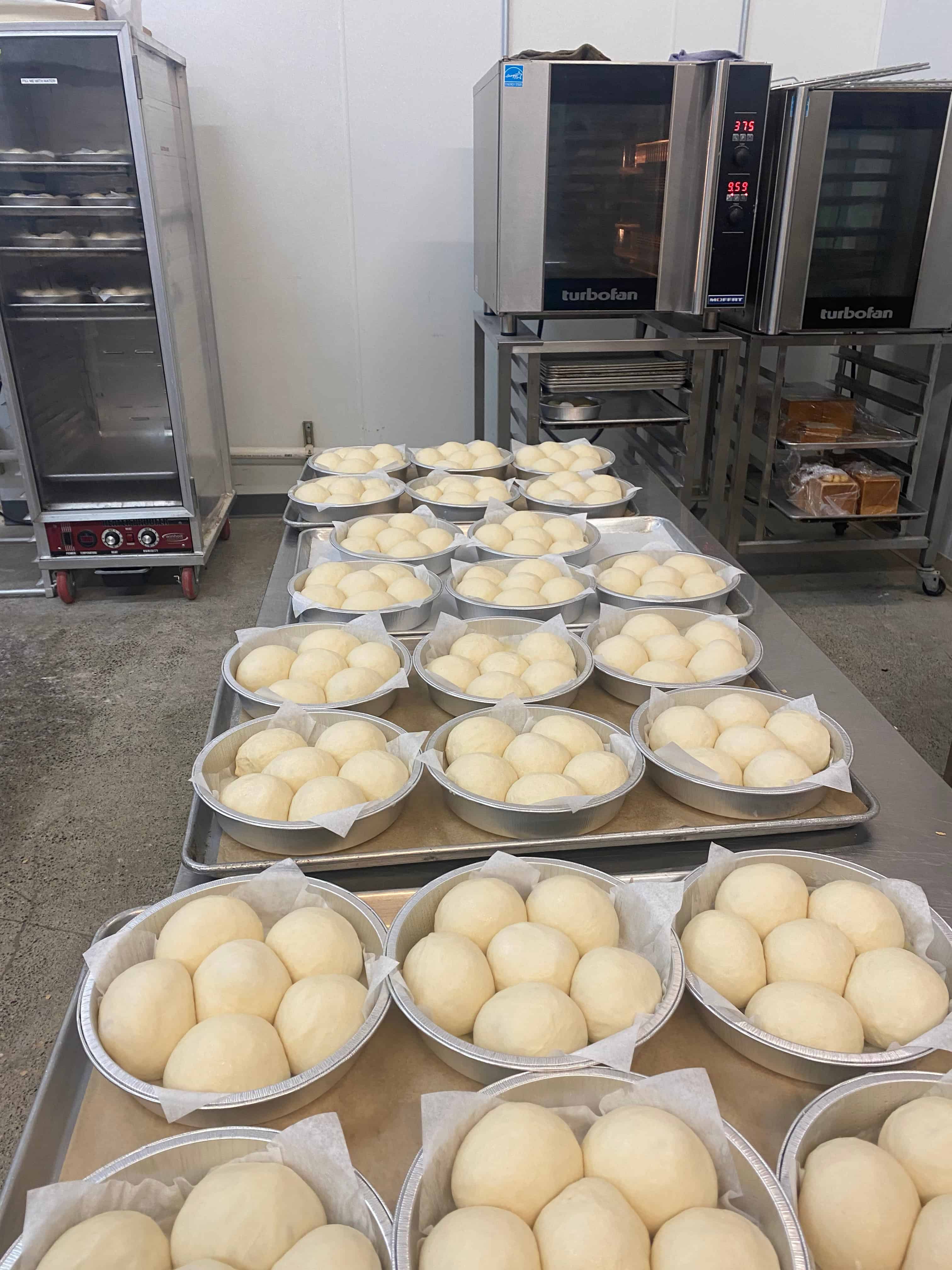 trays of dinner rolls ready to be baked