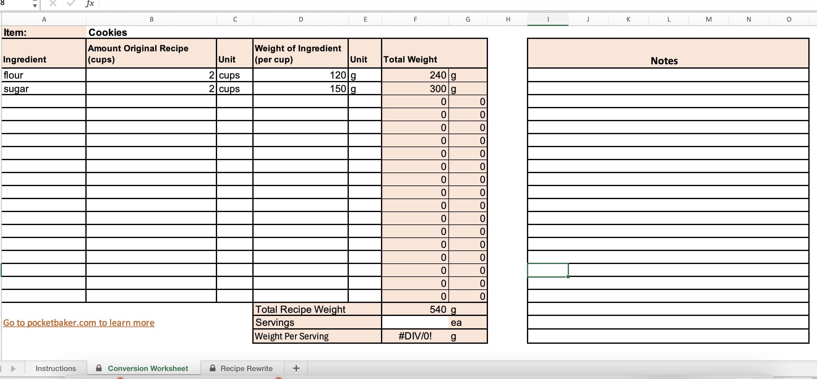 spreadsheet to convert recipes from cups to weight