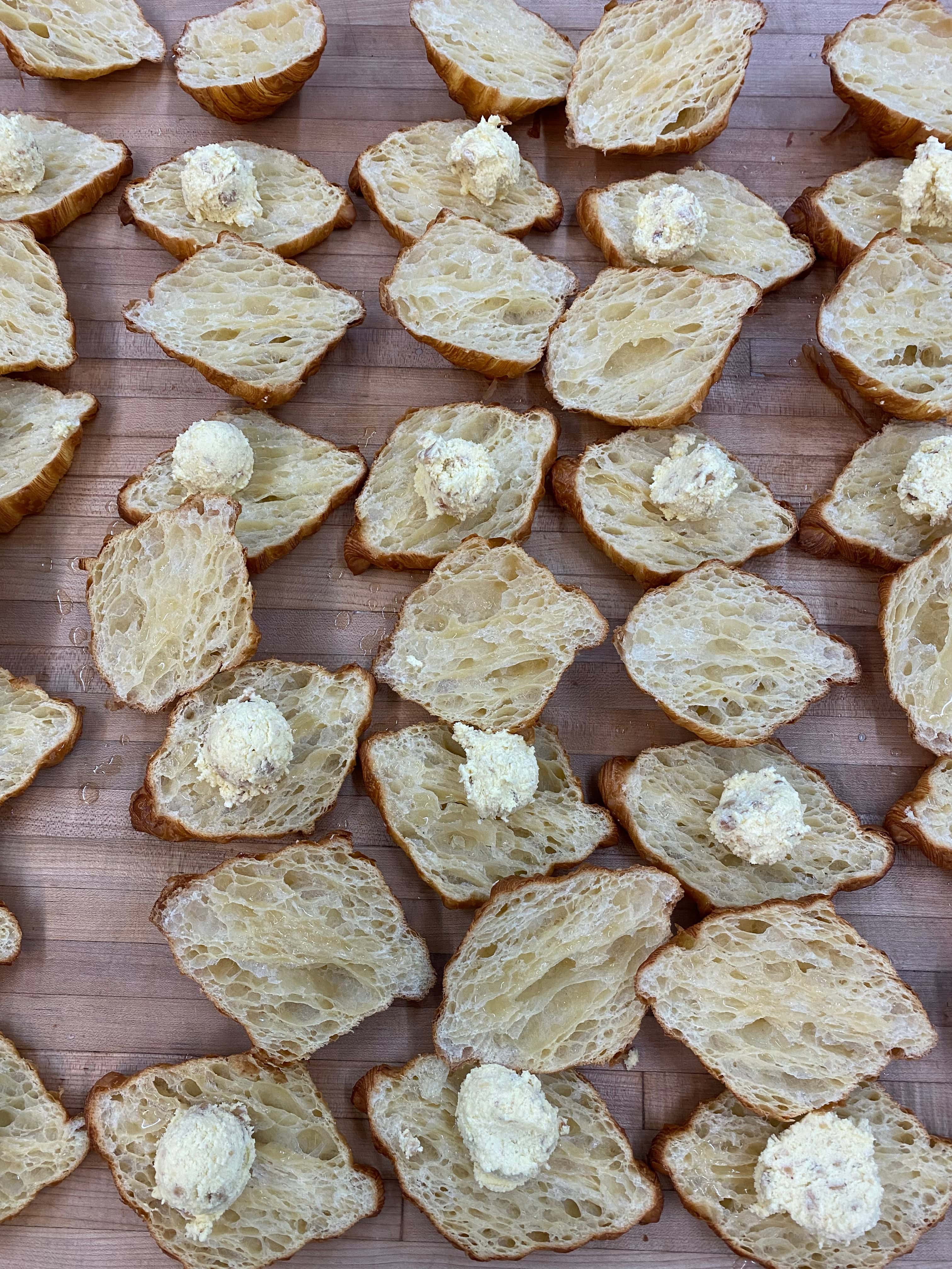 Leftover pastries turned into twice-baked hazelnut croissants.
