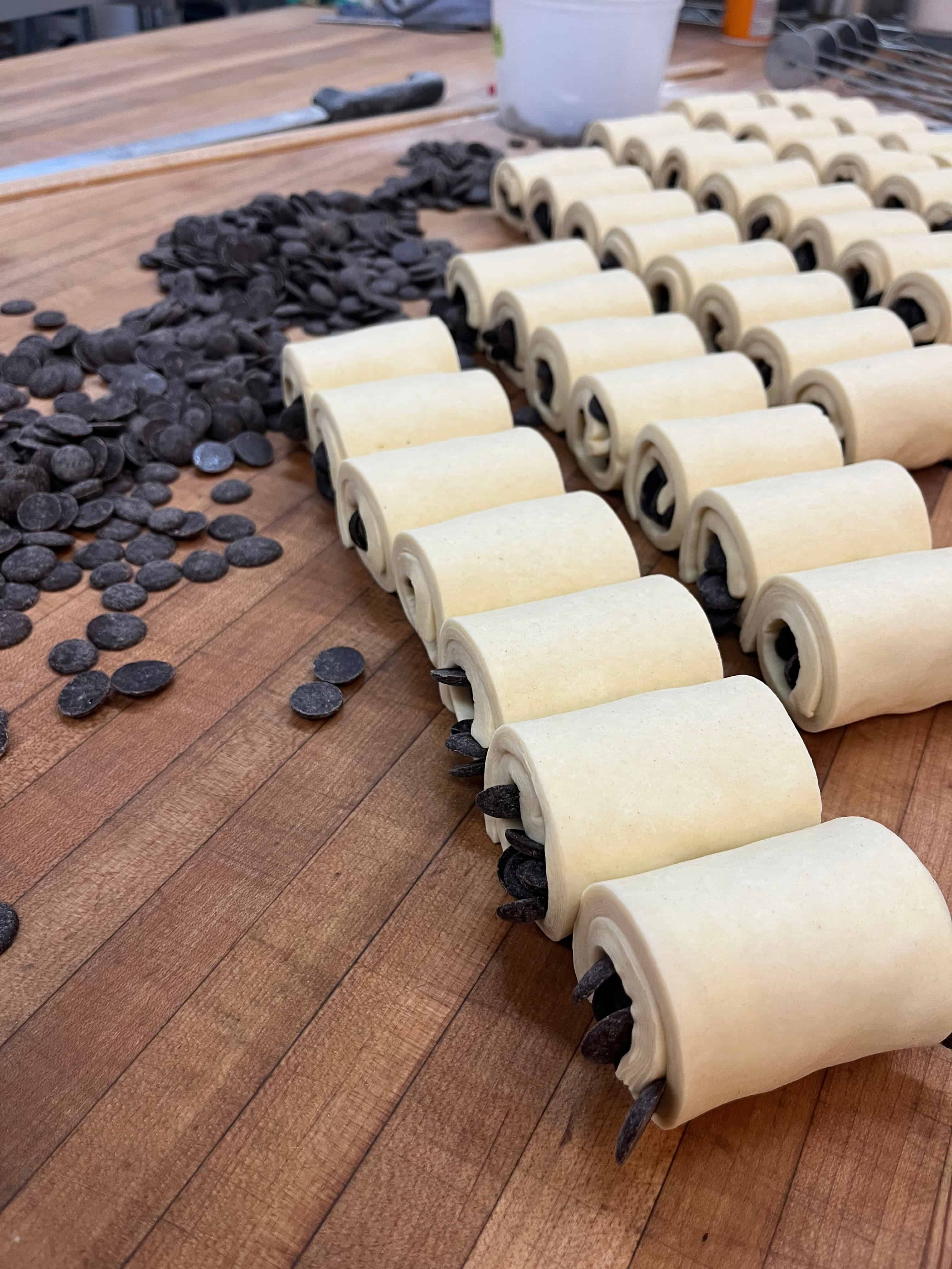 rows of pain au chocolat. 