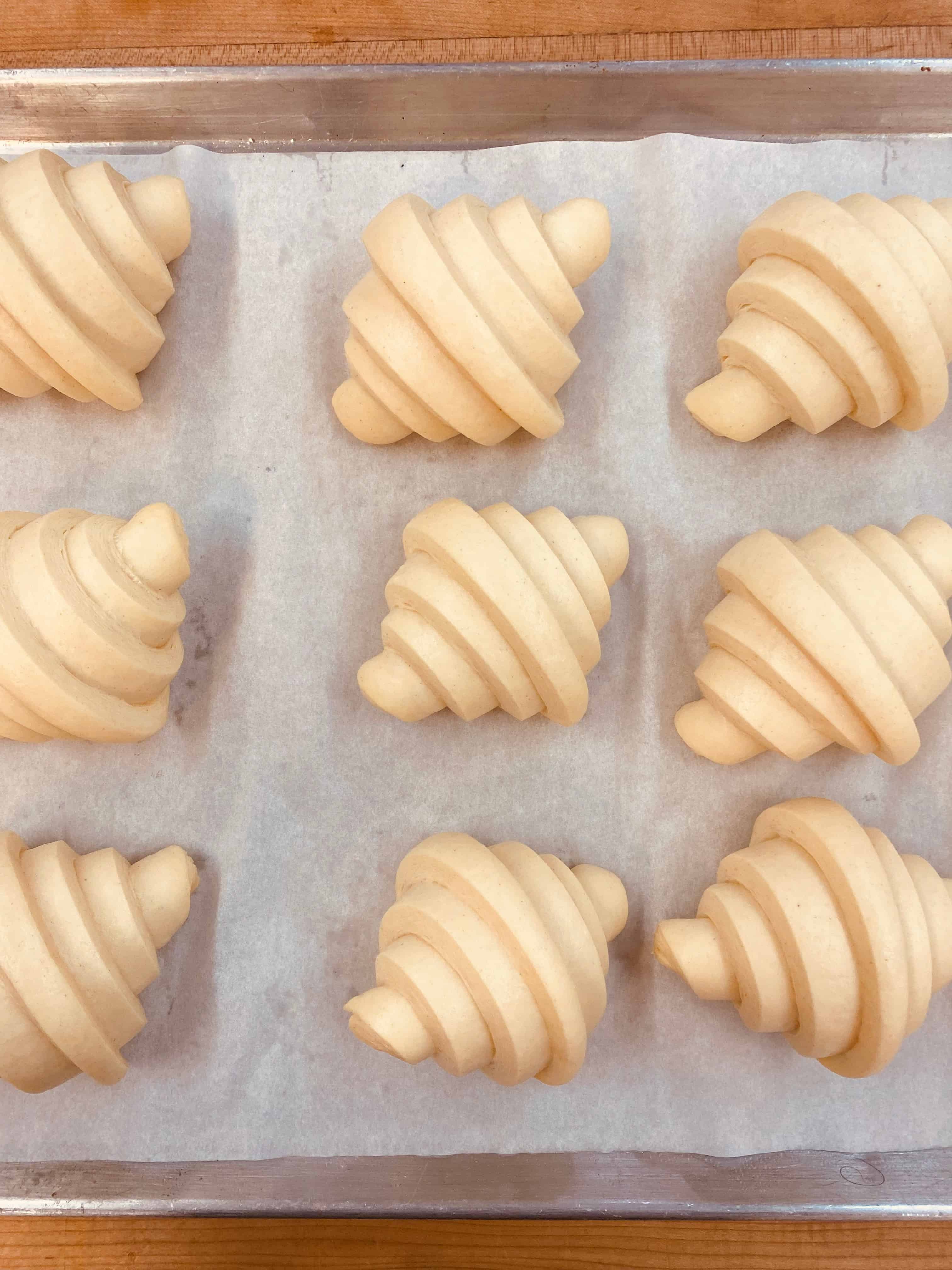 Croissants proofed and ready to go into the oven.  Baker's percentage allows you to adjust recipes.
