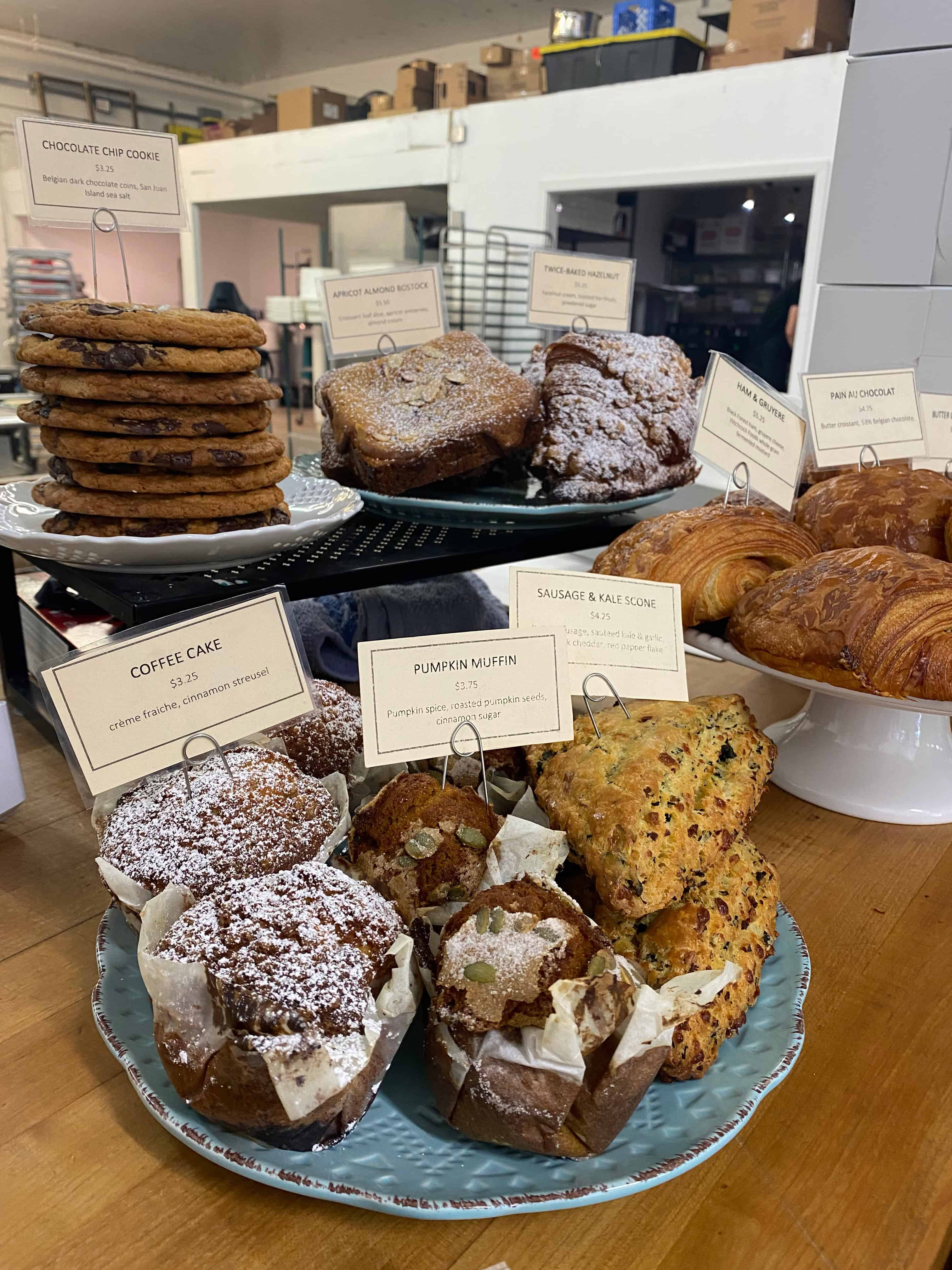 Baked goods displayed with prices.