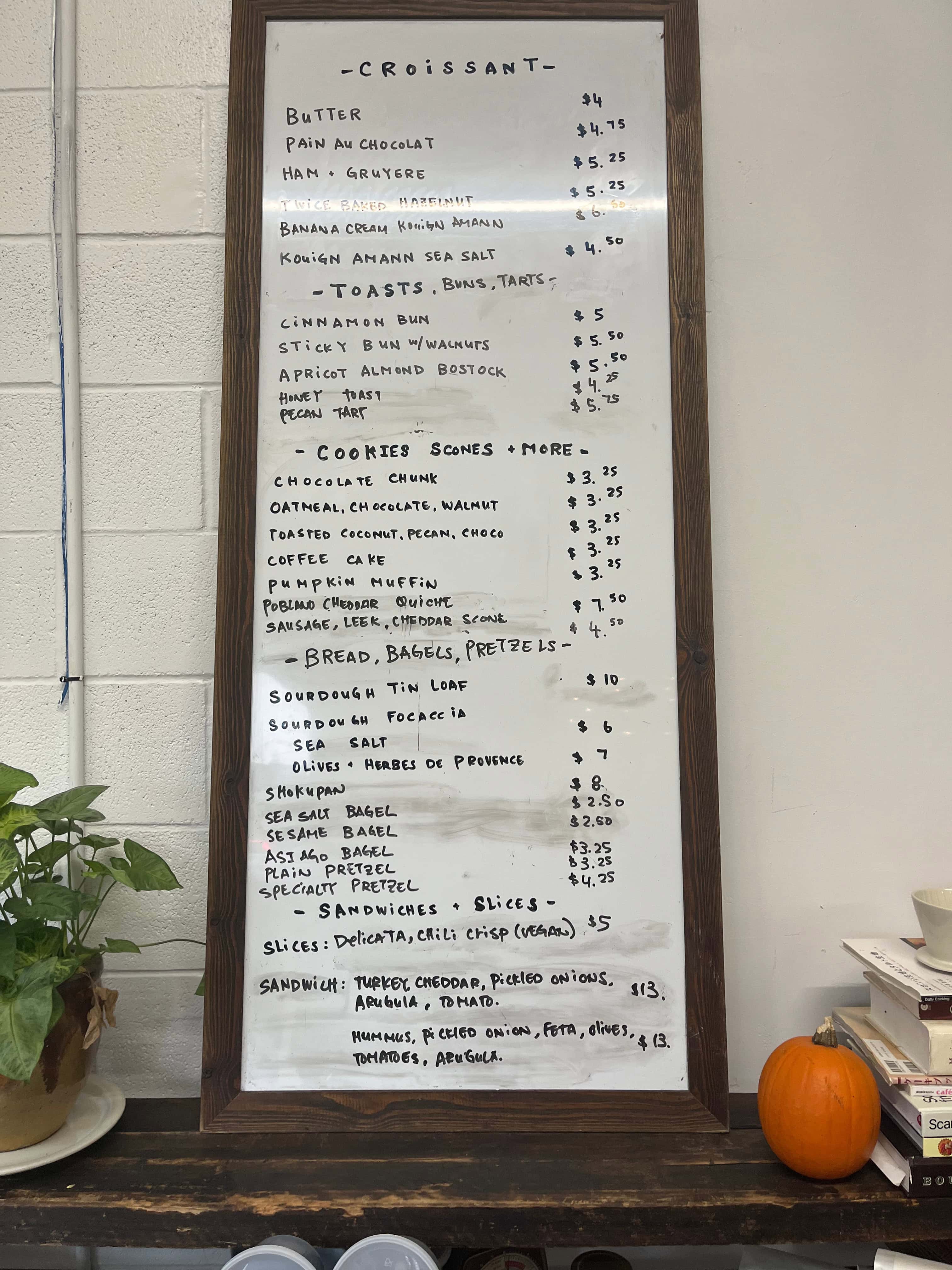A bakeshop menu board.