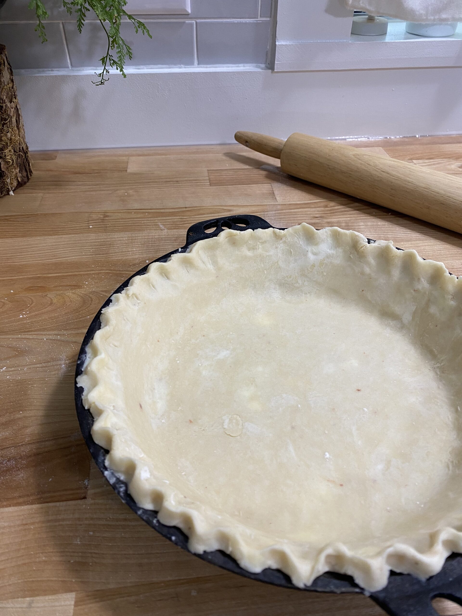Formed pie dough in pie pan with crimped edges