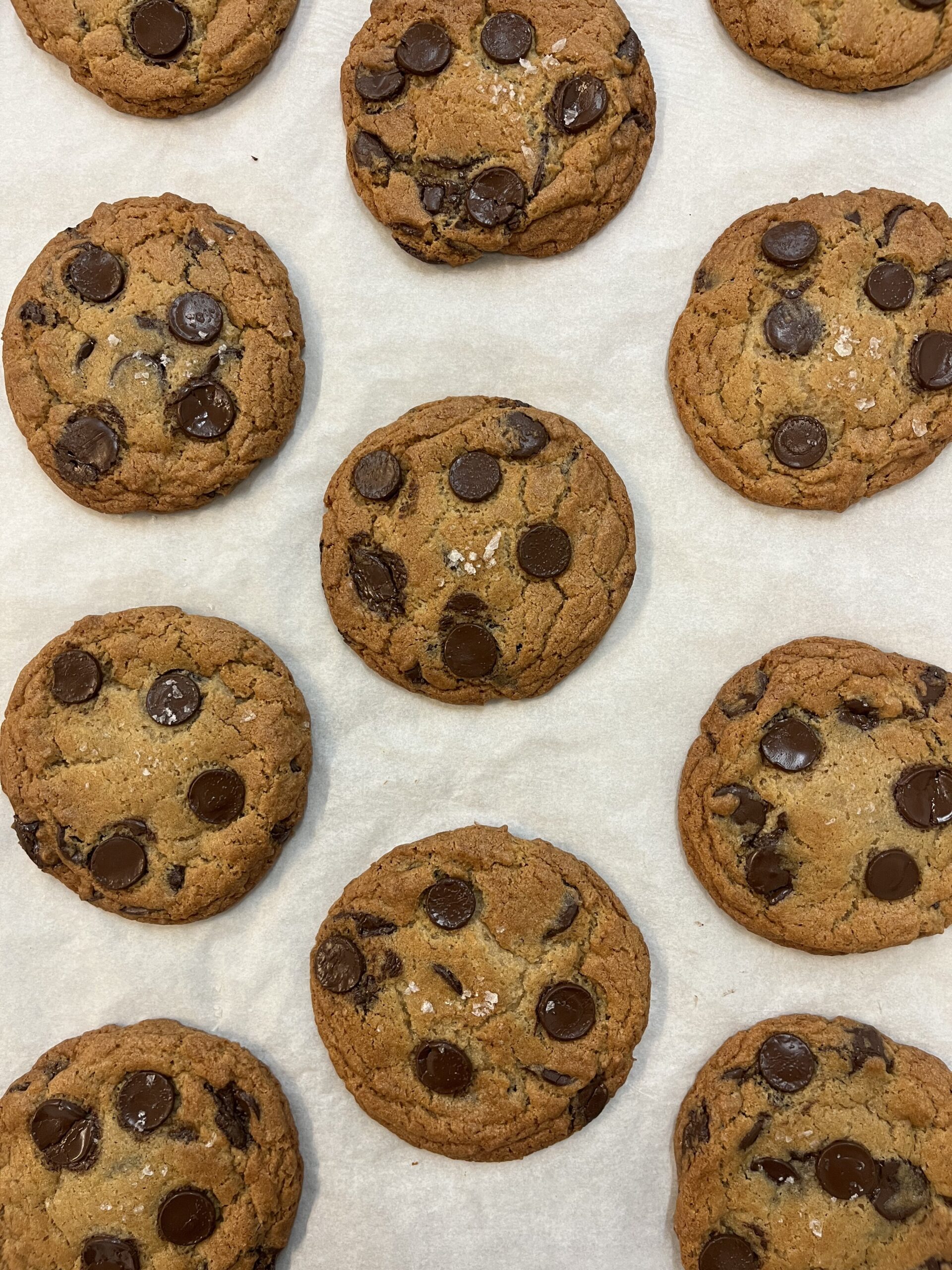 a tray of chocolate chip cookies