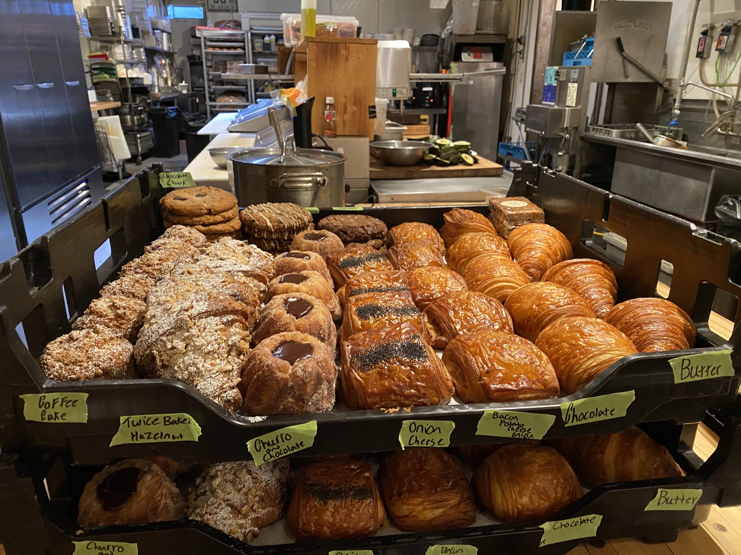 Trays of breakfast pastries at the cafe to sell.