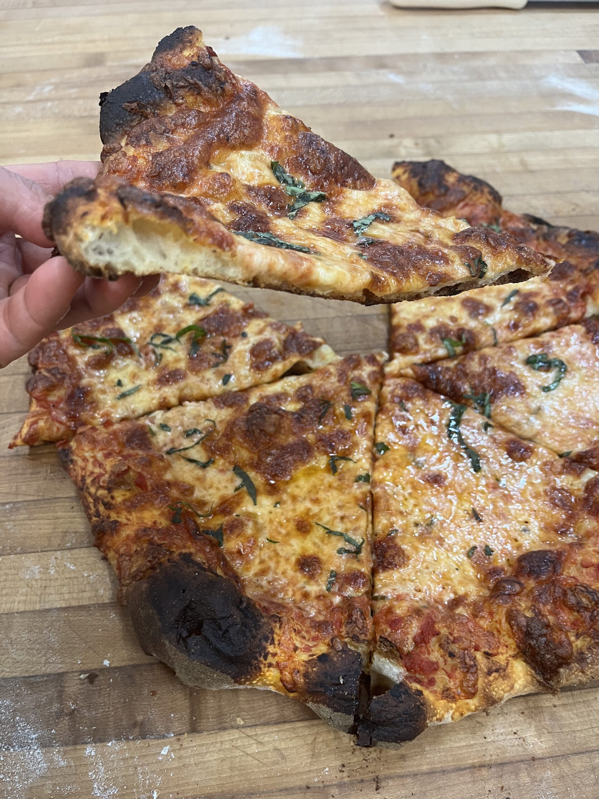 New York-style pizza slice.