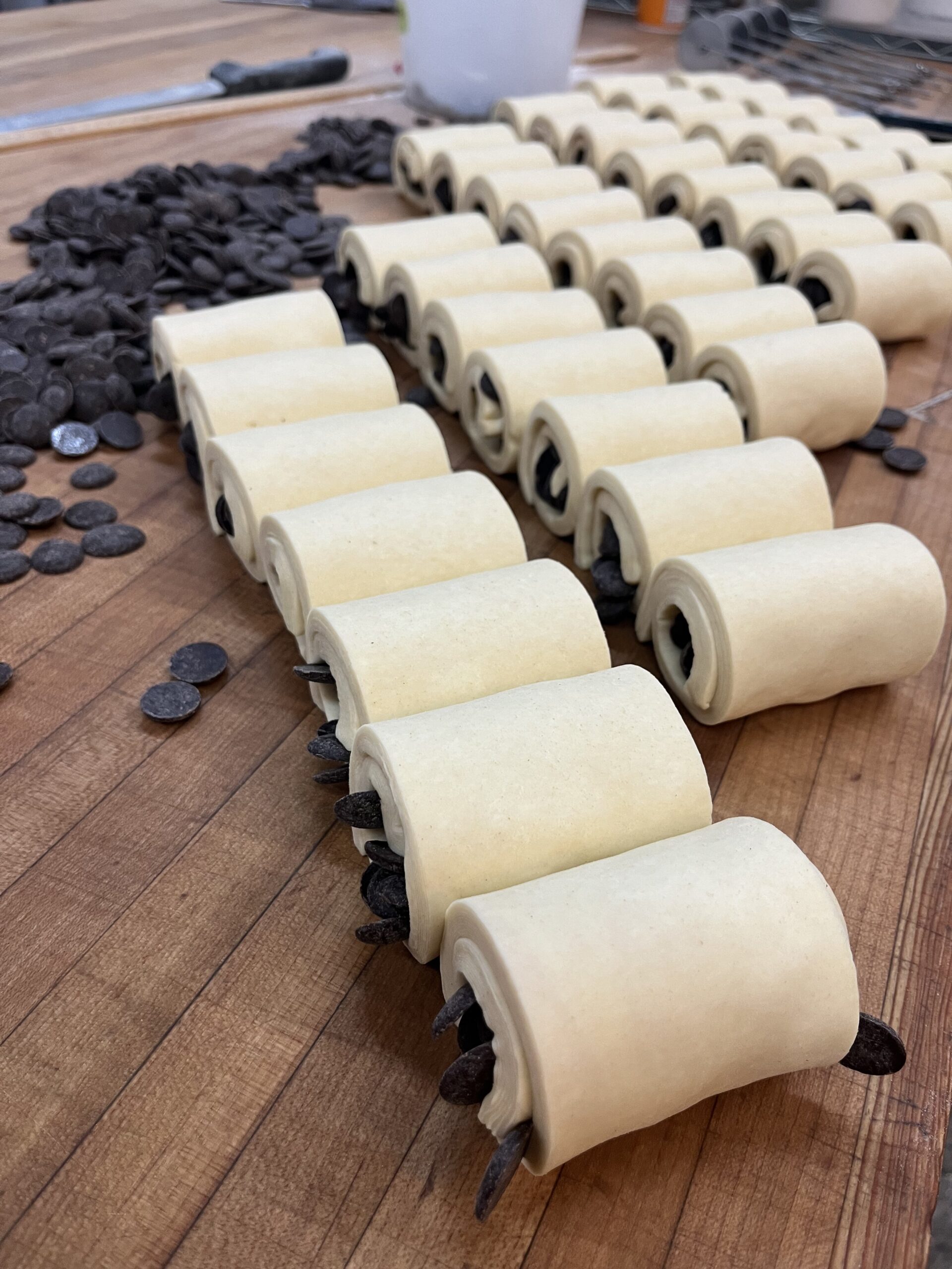 Chocolate croissants shaped and ready for the freezer.