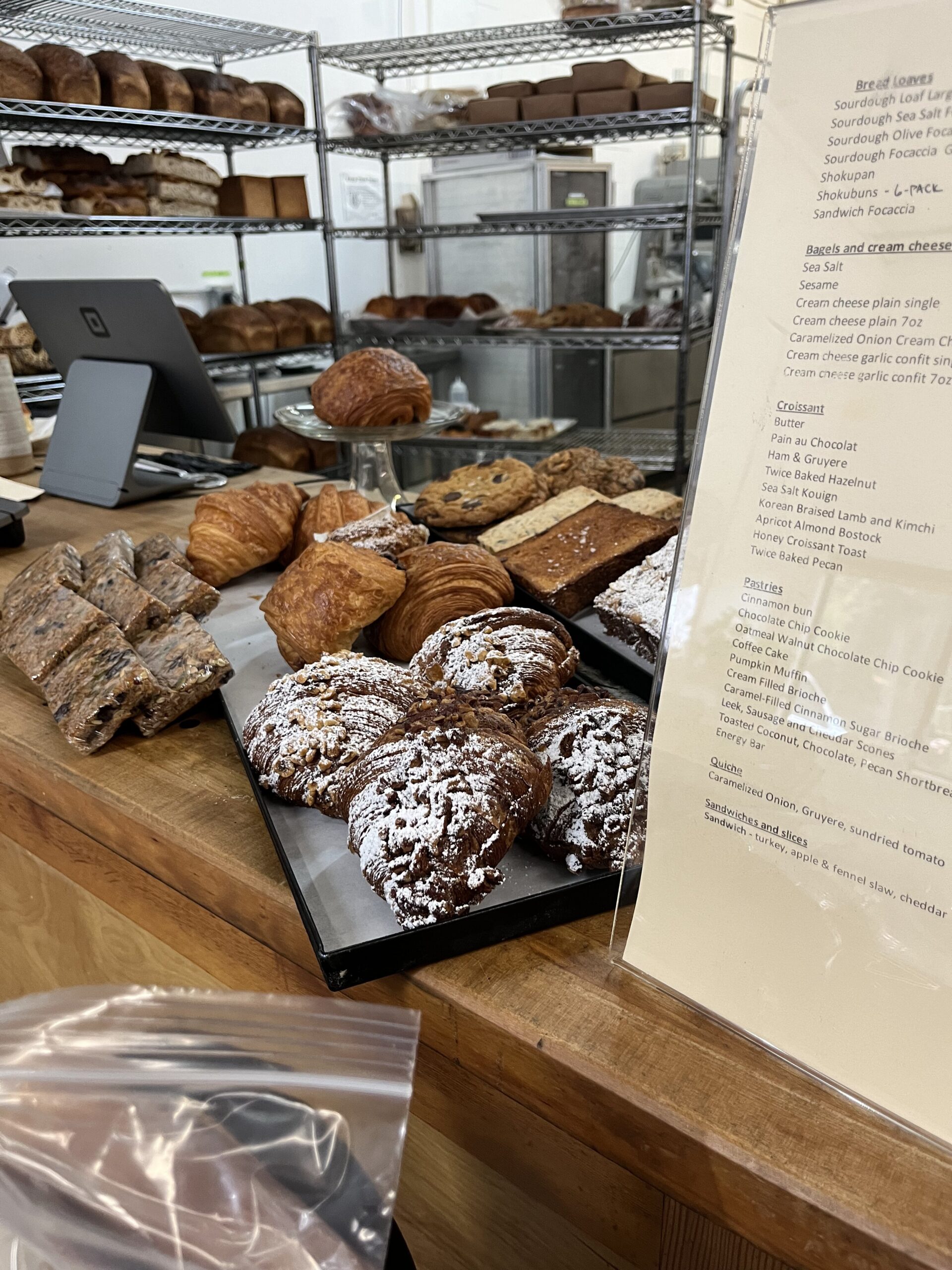twice-baked croissants on display at a bakeshop
