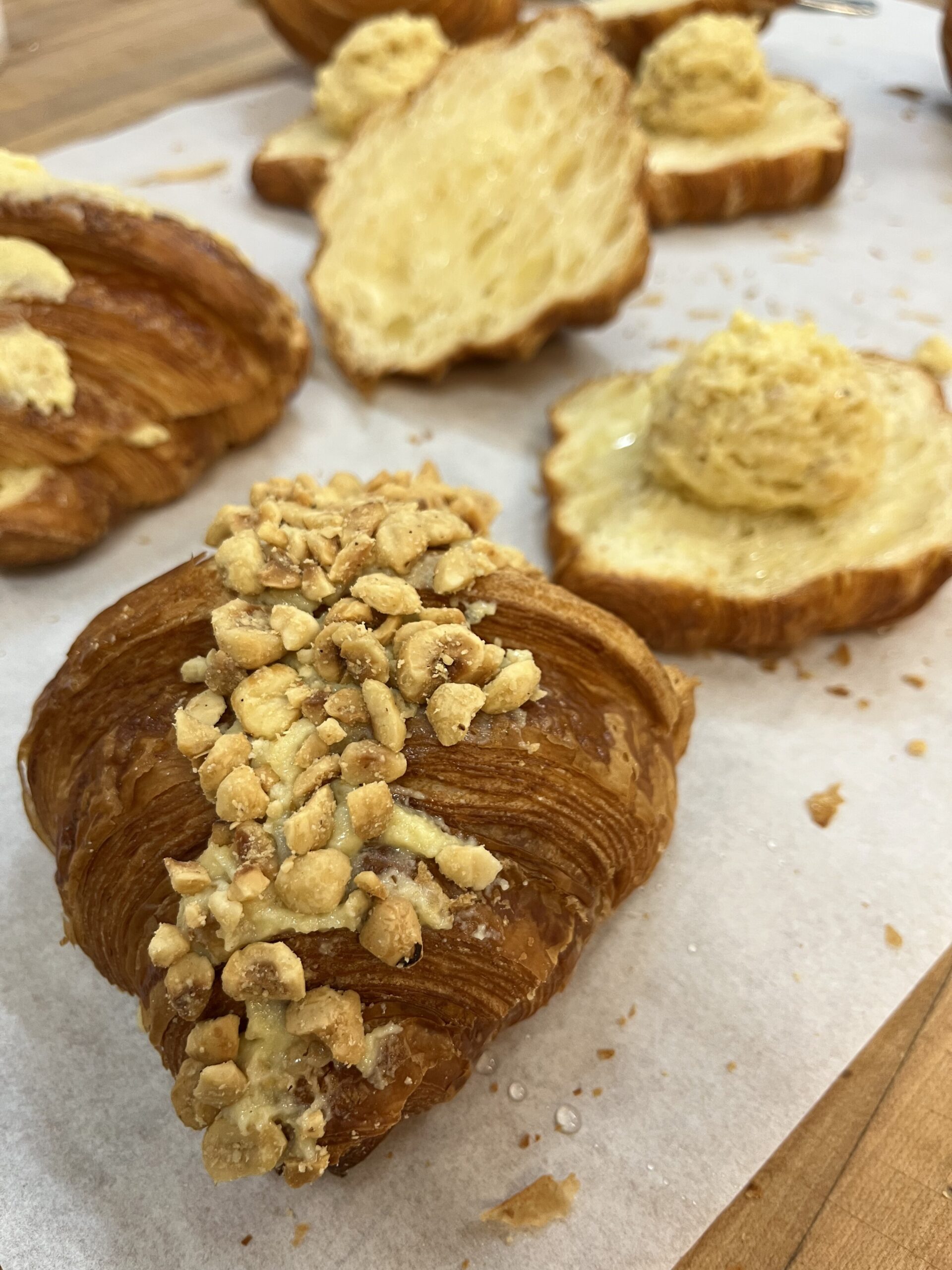 assembling twice-baked hazelnut croissants