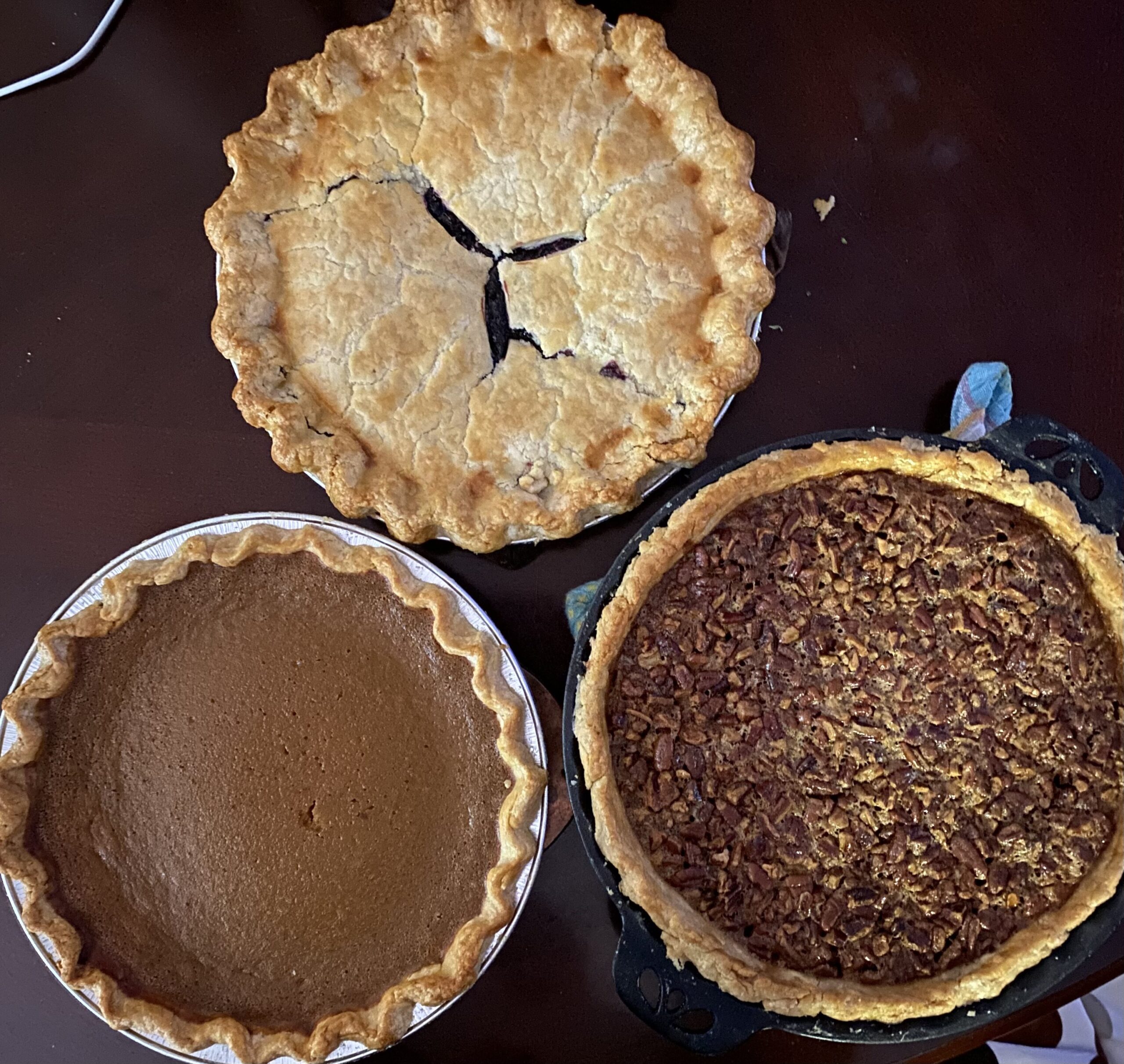 blueberry, pumpkin and pecan pie overhead shot